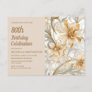 Cartão Postal De Convite Tan Champagne Floral Feminino Aniversário de 80 an