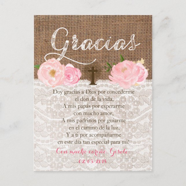 Cartão Postal De Convite Tarjeta con oracion para ditados de Bautizo (Frente)