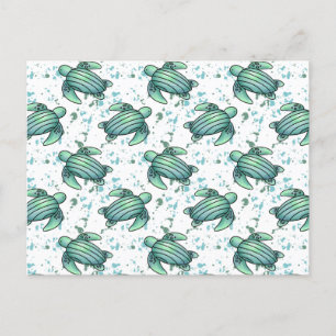 Cartão Postal De Convite tartaruga marinha padrão verde azul aquarela anima