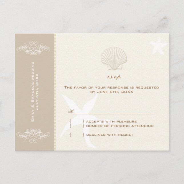 Cartão Postal De Convite Taupe Ivory Destination Beach Wedding RSVP (Frente)
