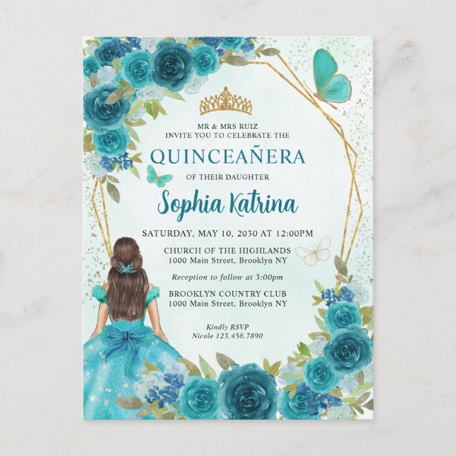 Cartão Postal De Convite Teal Green Glam Dourada Princesa Floral Quinceañer (Frente)