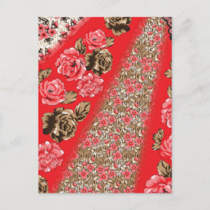 Cartão Postal De Convite Tecido vermelho vibrante com intrincado floral e