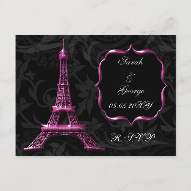 Cartão Postal De Convite Torre Eiffel rosa Casamento francês rsvp (Frente)