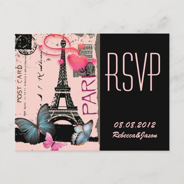 Cartão Postal De Convite torre eiffel rosa de paris casamento destino (Frente)