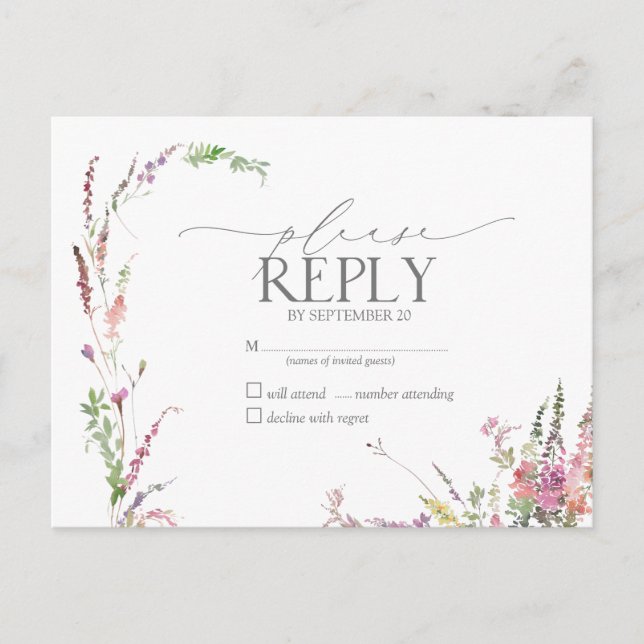Cartão Postal De Convite Trendy Elegant Wildflower Wedding RSVP (Frente)