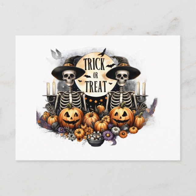 Cartão Postal De Convite Trick or Treat Skeletons Halloween Postcard (Frente)