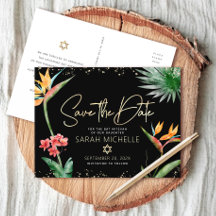 Tropical Bat Mitzvah Salve Data Floral Preto Doura