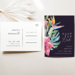 Cartão Postal De Convite Tropical Floral Colorida | Roxo Salvar Data<br><div class="desc">Esta floral tropical colorida | púrpura salvar a data convite postal é perfeito para o seu casamento moderno, verde, roxo, pêssego. Design apresenta um buquê elegante de verde-aquarela de praia clássico e flores que podem incluir eucalipto verde-sábio, proteína vermelha e mauve, hibisco rosa-pincel, pássaro laranja e azul do paraíso e...</div>