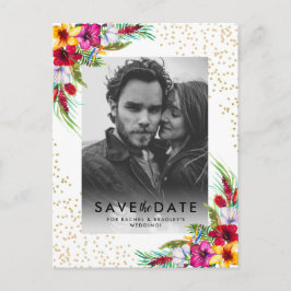 Cartão Postal De Convite Tropical Floral Dourado Foto Casamento Save the Da