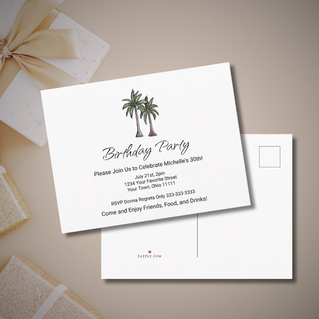 Cartão Postal De Convite Tropical Palm Trees Beach 30th Birthday Party (Criador carregado)