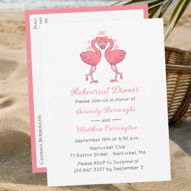 Cartão Postal De Convite Tropical Pink Flamingo Beach Rehearsal Dinner (Criador carregado)