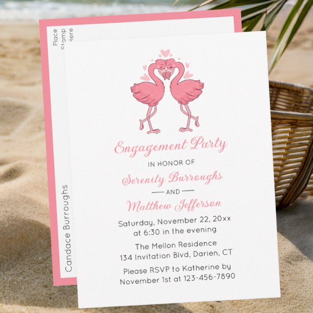 Cartão Postal De Convite Tropical Pink Flamingo Hawaiian Engagement Party (Criador carregado)