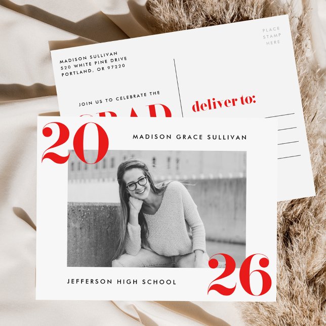 Cartão Postal De Convite Turma formanda de 2025 Foto Vermelha e Negrito Fes (Criador carregado)