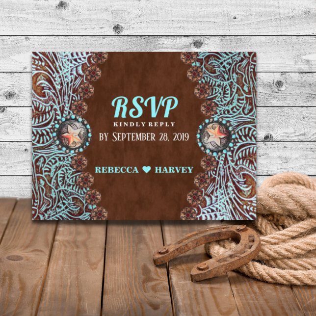 Cartão Postal De Convite turquesa marrom país ocidental casamento RSVP (turquoise brown country western wedding RSVP Invitation Postcard)