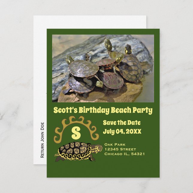 Cartão Postal De Convite Turtle Cartoon Birthday Beach Party Photo (Frente/Verso)