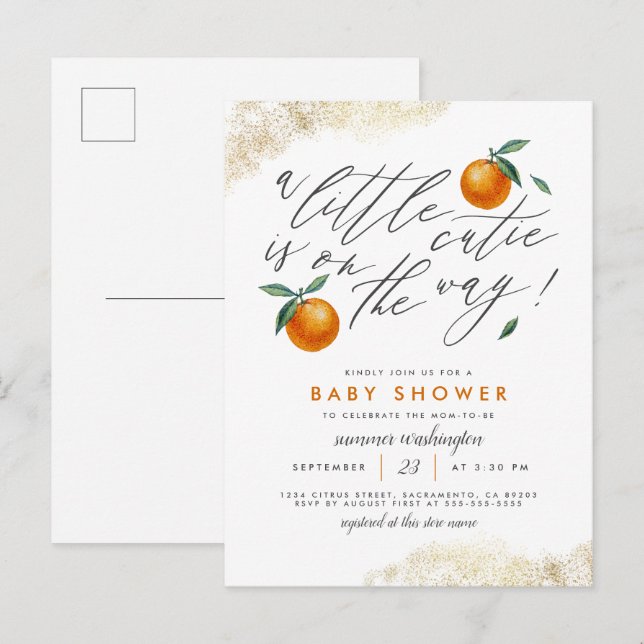 Cartão Postal De Convite Um Pequeno Chá de fraldas Neutro Laranja Cutie (Frente/Verso)
