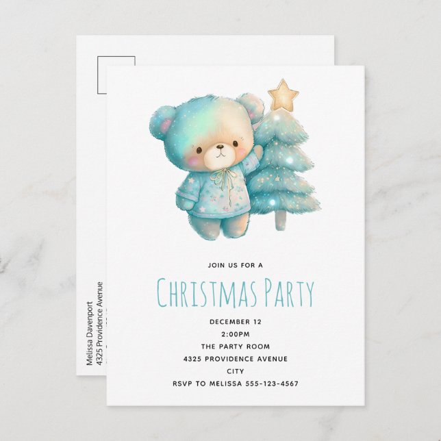 Cartão Postal De Convite Urso-Cinto e Árvore de Natal Aniversário (Frente/Verso)
