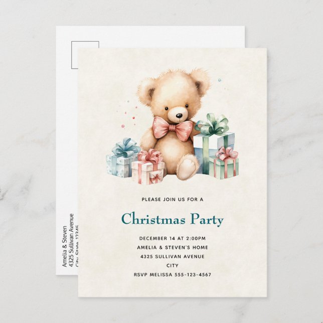 Cartão Postal De Convite Urso de Teddy Bonito com Presentes de Natal (Frente/Verso)