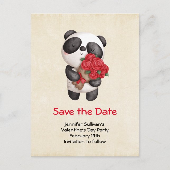 Cartão Postal De Convite Urso Panda com Save the Date de Buquê de Rosas (Frente)