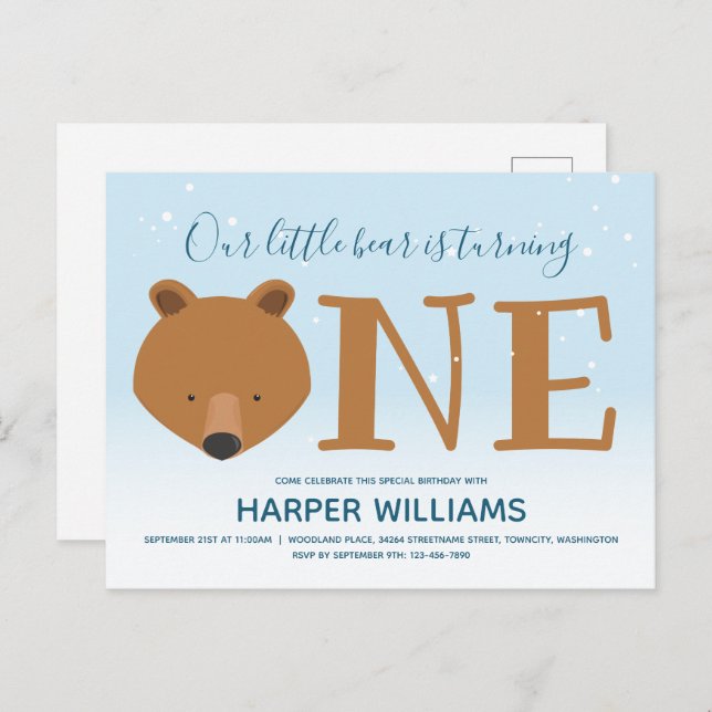 Cartão Postal De Convite Urso Virando Um primeiro aniversario De Inverno (Frente/Verso)