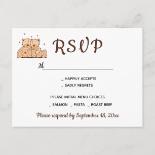 Cartão Postal De Convite Ursos de pelúcia marrons RSVP amor Festa de Casame