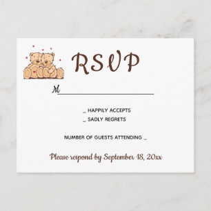 Cartão Postal De Convite Ursos de pelúcia marrons RSVP amor Festa de Casame