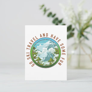 Cartão Postal De Convite Vá viajar de esqui e divirta-se logotipo de viagem