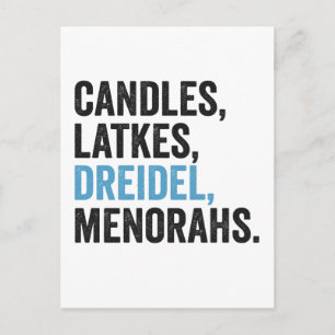 Cartão Postal De Convite Velas Latkes Dreidel Menorahs Divertido Hanukkah J