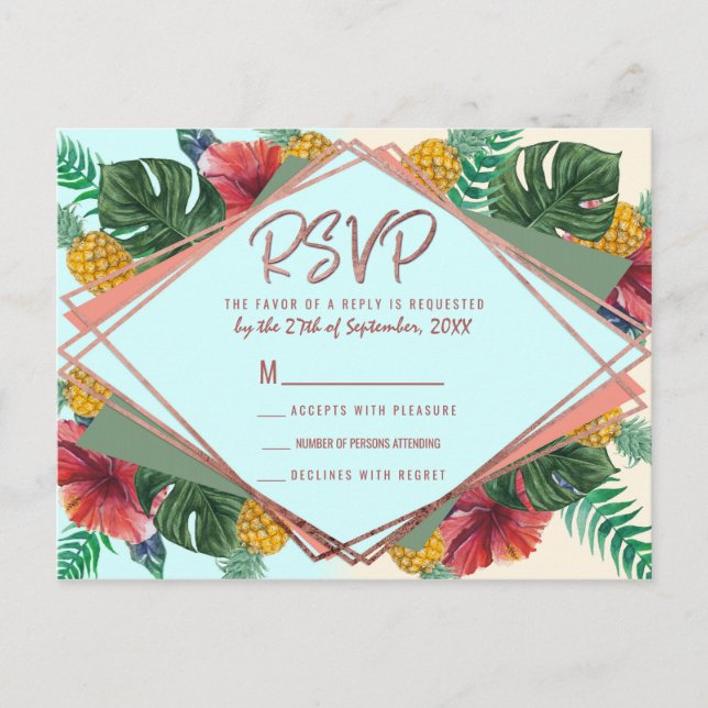 Cartão Postal De Convite Verão Folhas Tropicais de Abacaxi Floral RSVP (Frente)