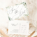 Cartão Postal De Convite Verde Whimsical e Dourado Salvar o Cartão-Postal d<br><div class="desc">Entra num mundo de encantamento com o nosso branco verde e o ouro salvando o cartão-postal, perfeito para o seu casamento de primavera botânico. Adorado com eucalipto verde sábio e sotaques dourados, este convite expele elegância e capricho moderno. Imaginem passear por um jardim de verão mágico, rodeado pelos sons suaves...</div>