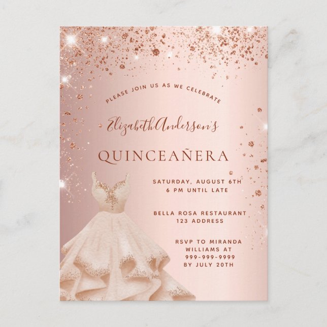 Cartão Postal De Convite Vestido de brilho de rosa de Quinceanera (Frente)