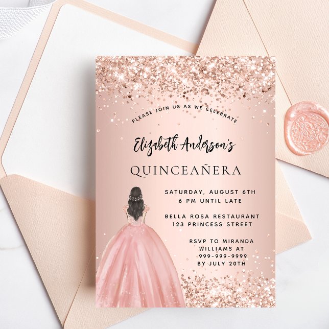 Cartão Postal De Convite Vestido de ouro rosa de Quinceanera (Criador carregado)