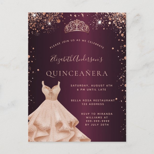 Cartão Postal De Convite Vestidos de rosa de ouro da Quinceanera burgundy (Frente)