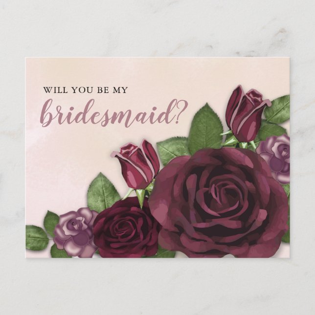 Cartão Postal De Convite Vinho | Lâmpada | Pedido Mauve Floral Bridesmaid (Frente)