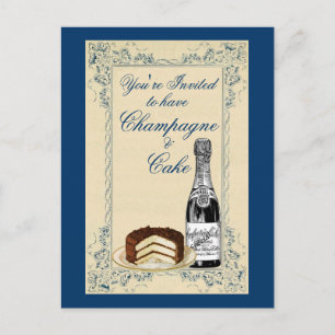 Cartão Postal De Convite Vintage Champagne e Cake Party