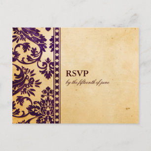 Cartão Postal De Convite Vintage EggPlant Damask Lace Wedding RSVP