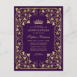Cartão Postal De Convite Vintage Frame Dourado Violeta Roxo Tiara Quinceane