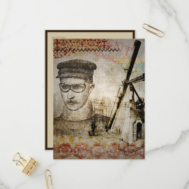 Cartão Postal De Convite Vitoriano Steampunk Inventor Scientist Telescope (Frente/Verso In Situ)