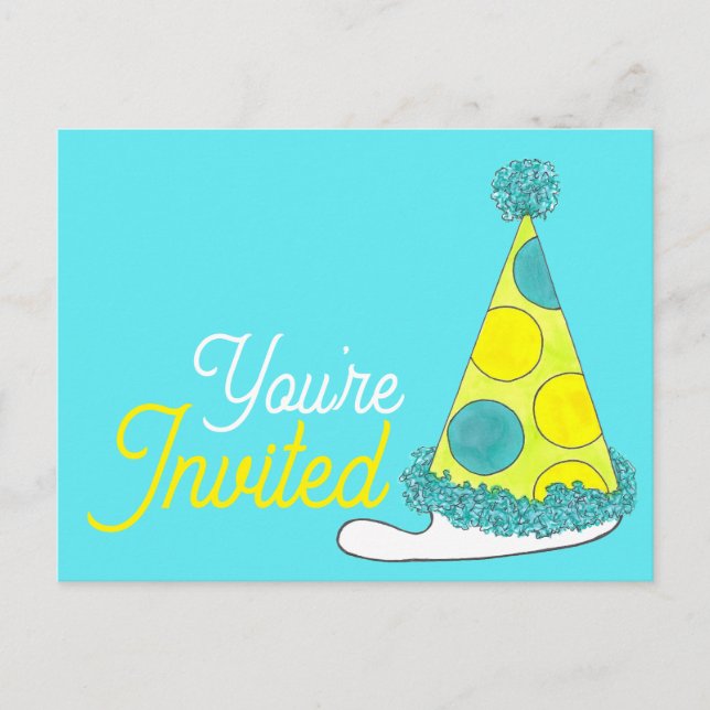 Cartão Postal De Convite Você Está Convidado Chapéu de Festa de Bolinhas de (Frente)