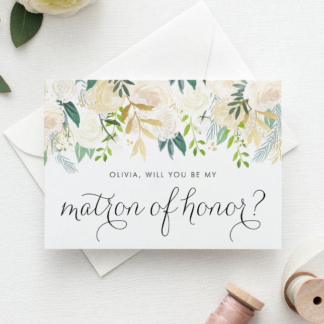 Cartão Postal De Convite Voce será a minha mãe de honra (Will you be my matron of honor? Ask with this elegant ivory floral and faux gold foil proposal card.)
