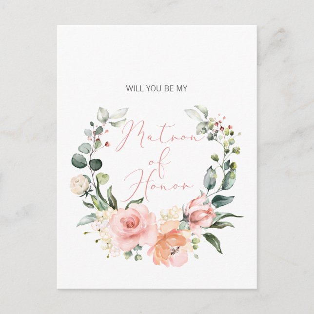 Cartão Postal De Convite Você Será Minha Bridesmaid MOH Pink Script Floral (Frente)