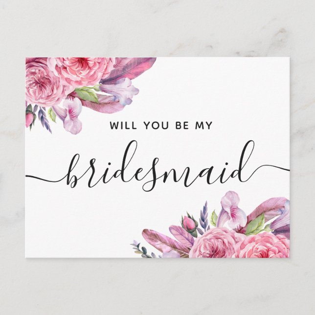 Cartão Postal De Convite Você será minha dama de honra. Script floral boho  (Frente)