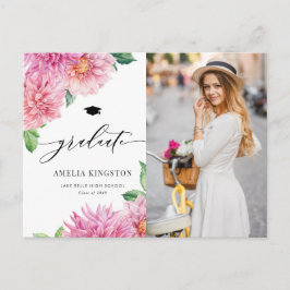 Cartão Postal De Convite Watercolor Pink Dahlia Floral Photo Graduation