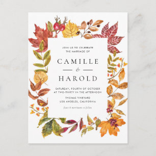 Cartão Postal De Convite Watercolor Rustic Autumn Deixa Casamento de Quadro