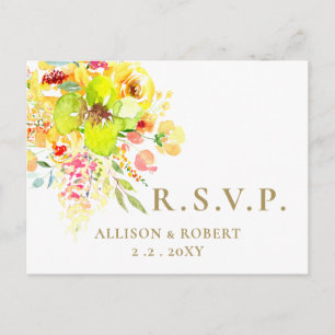 Cartão Postal De Convite Watercolor Yellow Floral Rustic Weding RSVP