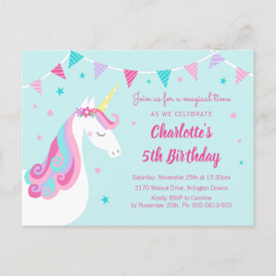 Cartão Postal De Convite Whimsic Rainbow Unicorn Aqua 5 Birthday