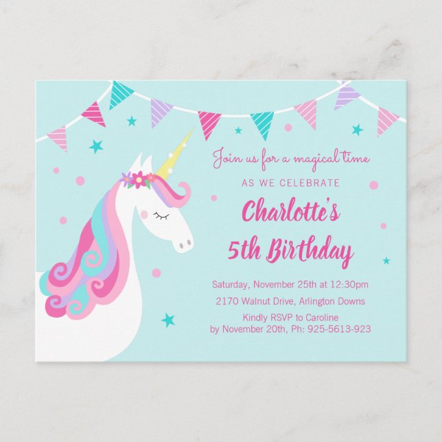 Cartão Postal De Convite Whimsic Rainbow Unicorn Aqua 5 Birthday (Frente)