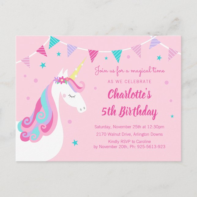 Cartão Postal De Convite Whimsic Rainbow Unicorn Pink 5 Birthday (Frente)
