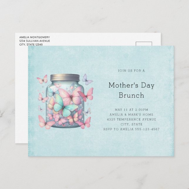 Cartão Postal De Convite Whimsical Butterflies in a Jar Mother's Day Brunch (Frente/Verso)
