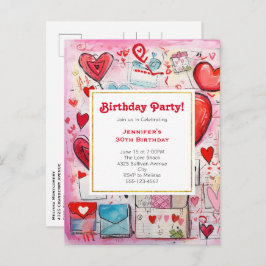 Cartão Postal De Convite Whimsical Hearts and Love Letters Birthday Invite